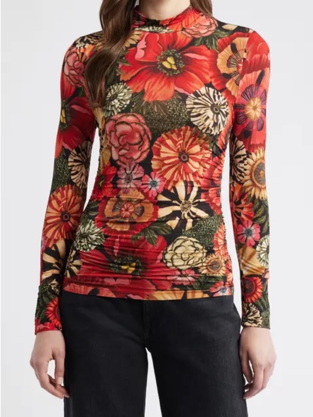 FARM Rio Black Flowershop Ruched Waist Jersey Blouse M Floral Mock Neck Top